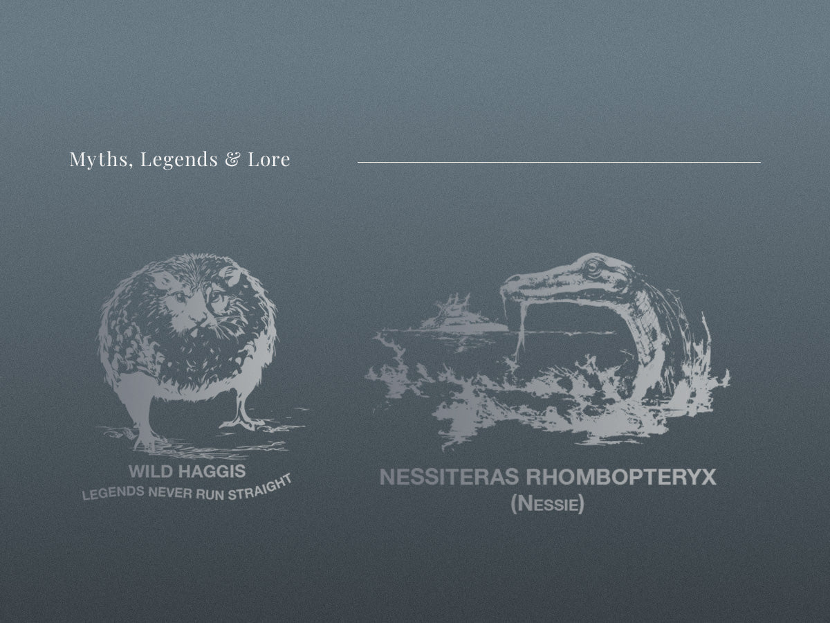 Engraved glass designs featuring haggis and Loch Ness monster motif illustrations