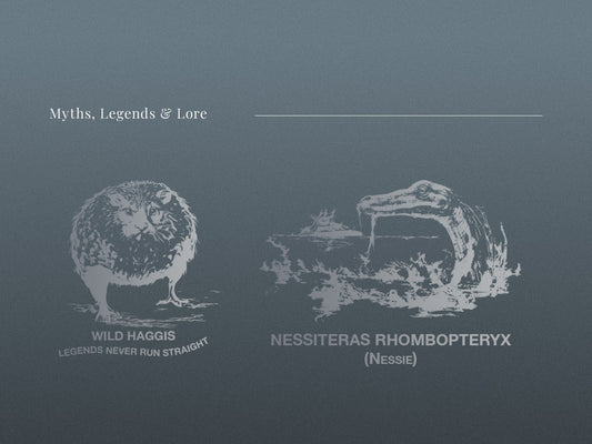 Engraved glass designs featuring haggis and Loch Ness monster motif illustrations