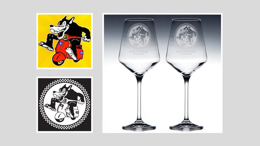 cayotes scooter club engraved wine glasses