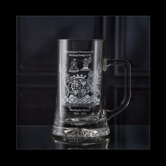 Finished beer tankard engraved with Wantage Lodge Masonic crest — photographed in our Fife studio.