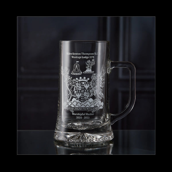 Finished beer tankard engraved with Wantage Lodge Masonic crest — photographed in our Fife studio.