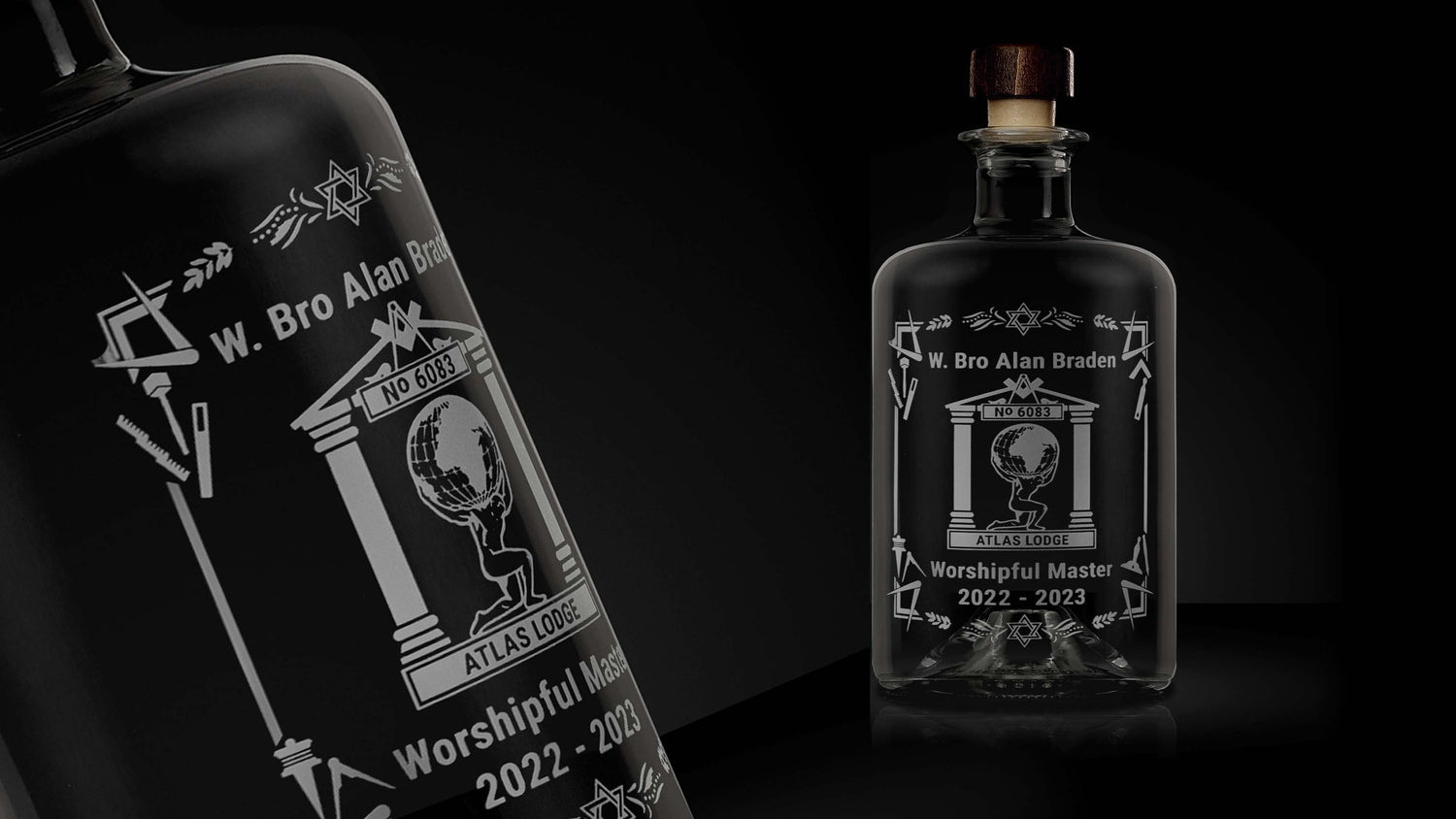 Apothecary bottle engraved with masonic lodge symbols and personalised etching