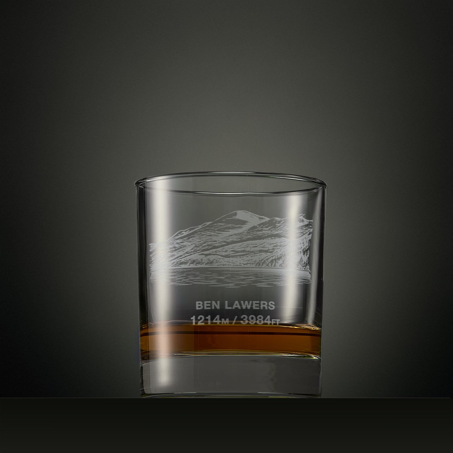 Golden hour over a Scottish loch with mountains in silhouette and sunset reflections — banner image for the Mountain and Memory engraved glassware collection.