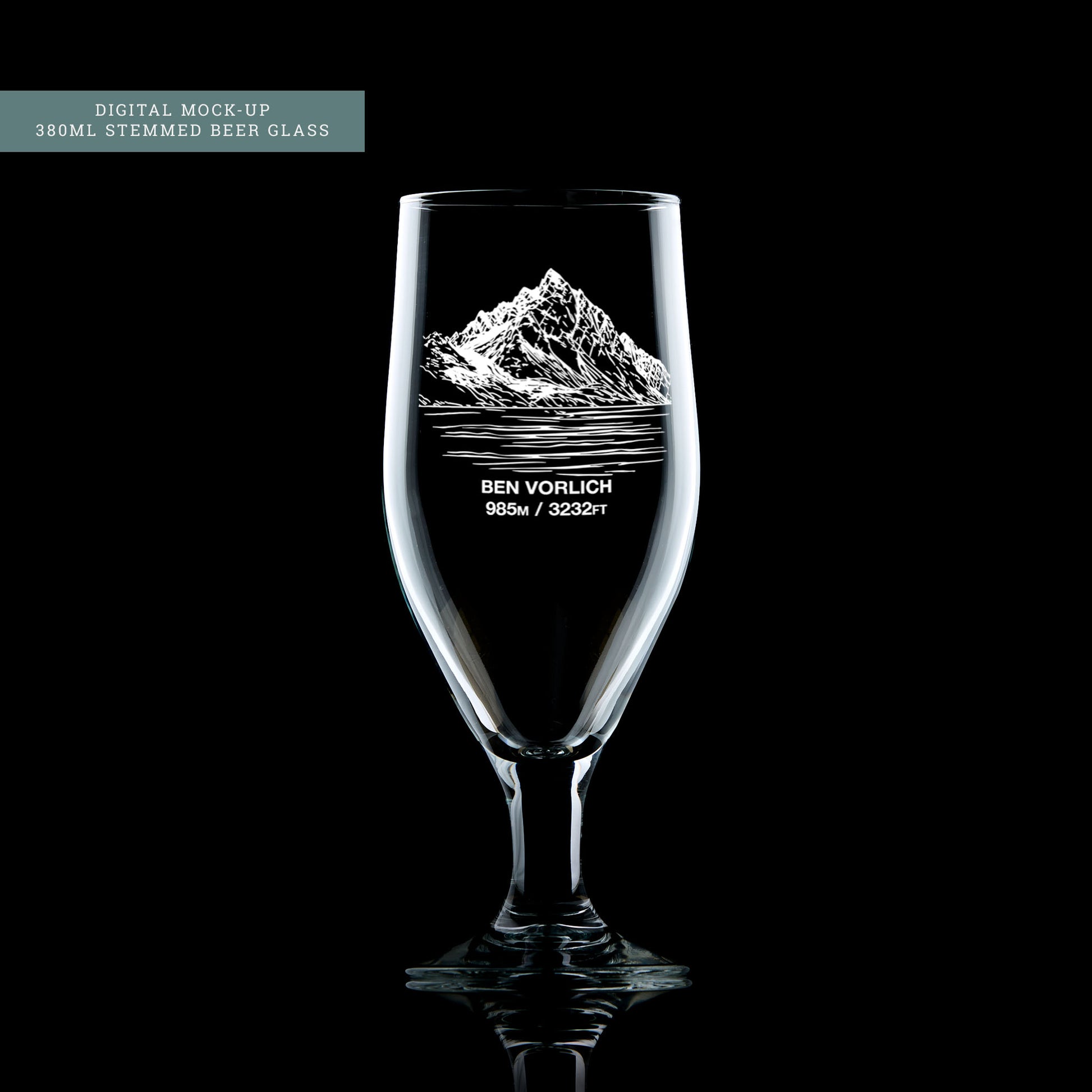 mock-up of Hand-engraved Ben Vorlich beer glass – front view with mountain name and height