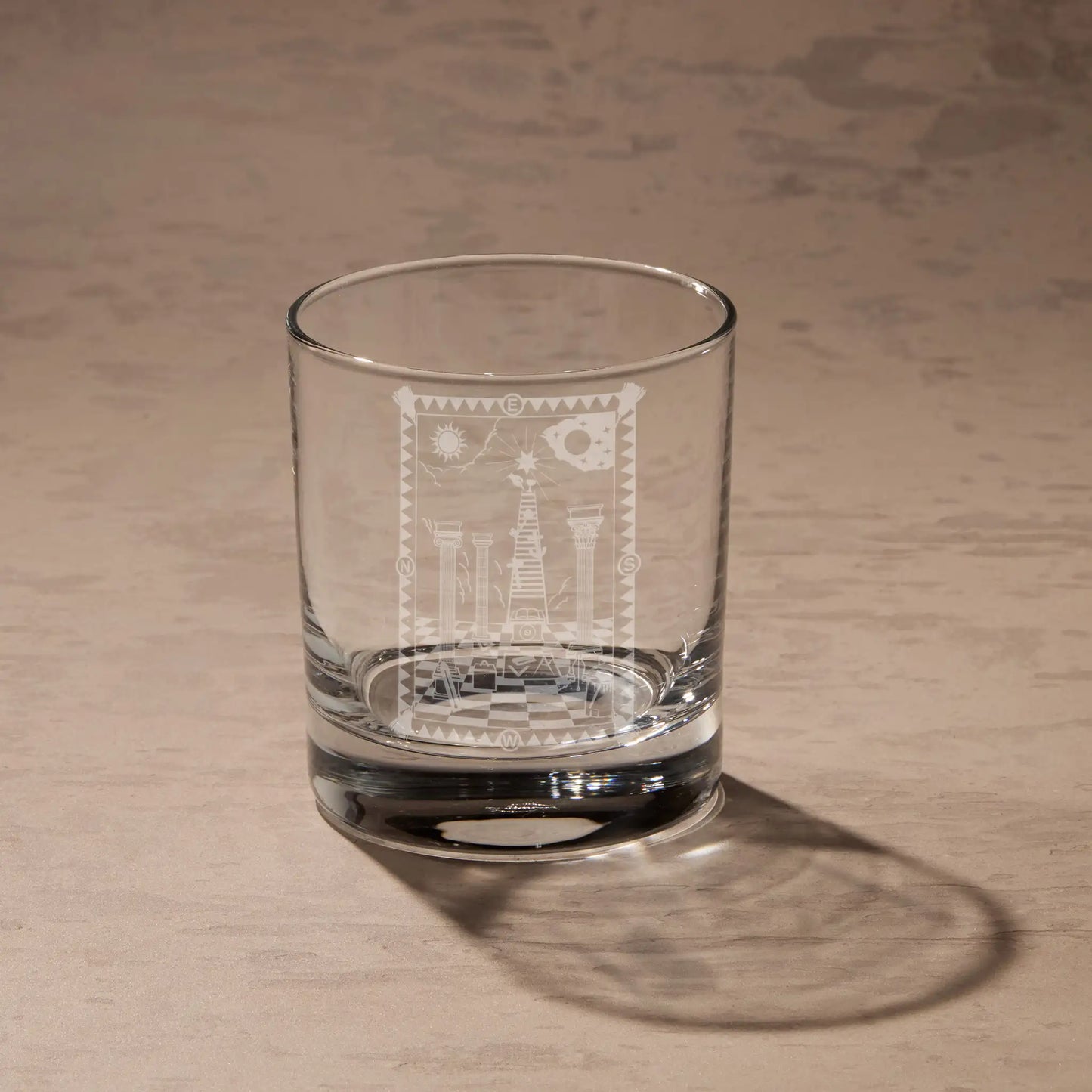 Engraved whisky glass featuring a Masonic 1st Degree Tracing Board design