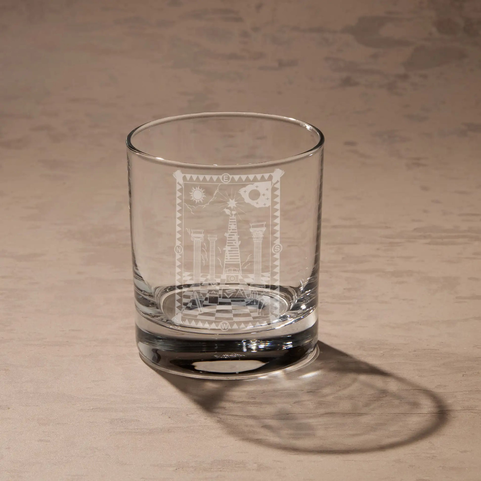 Engraved whisky glass featuring a Masonic 1st Degree Tracing Board design