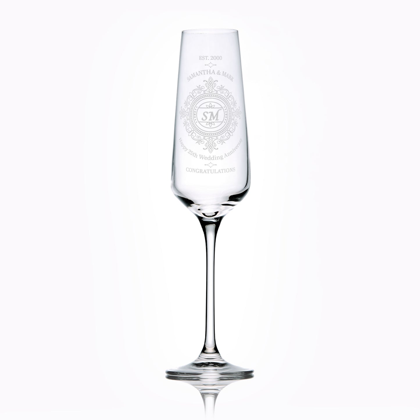 Front view of wedding anniversary champagne flute personalised with the couples names and engraved message