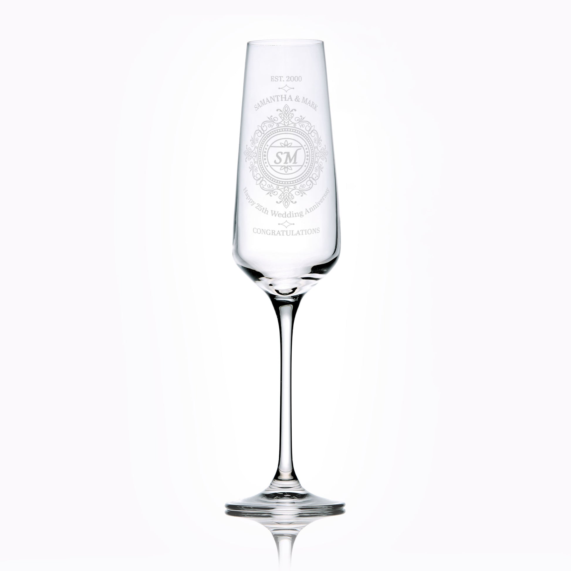 Front view of wedding anniversary champagne flute personalised with the couples names and engraved message