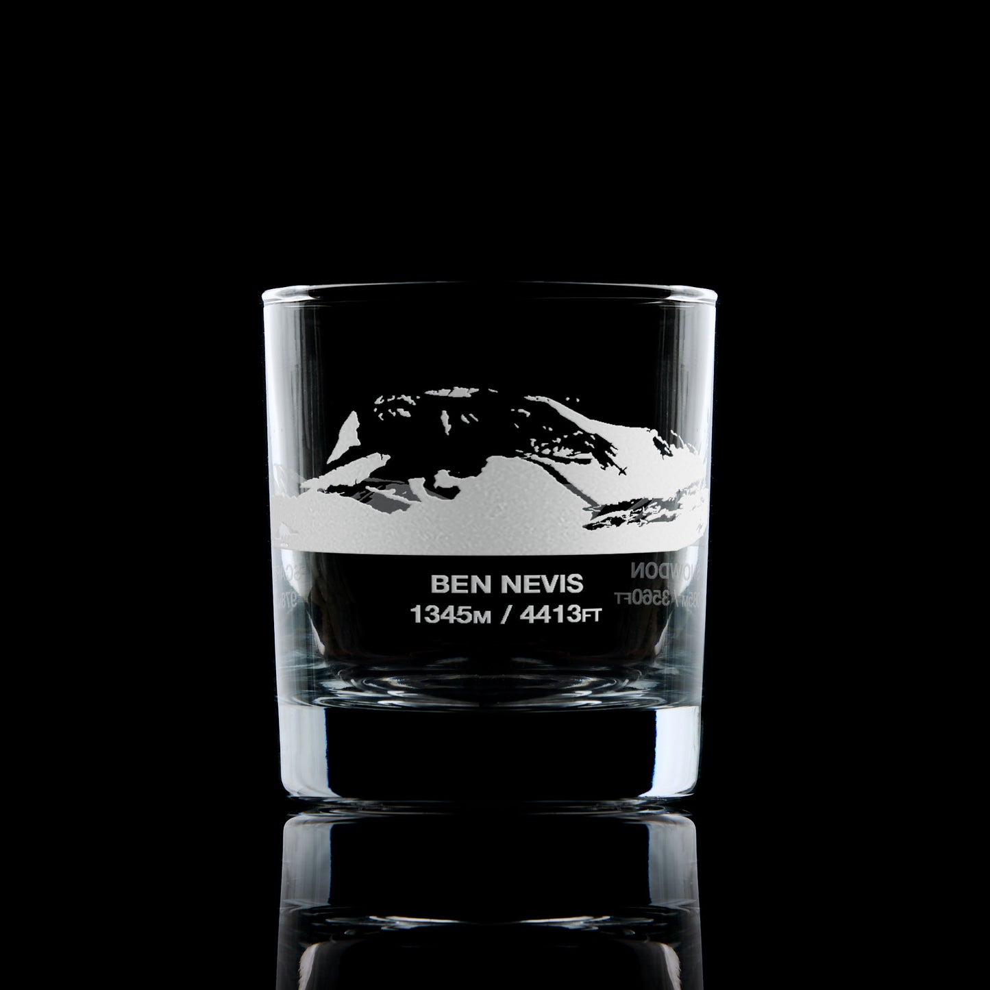 etched whisky glass engraved with three mountain peaks, snowdon, ben nevis and scafell pike