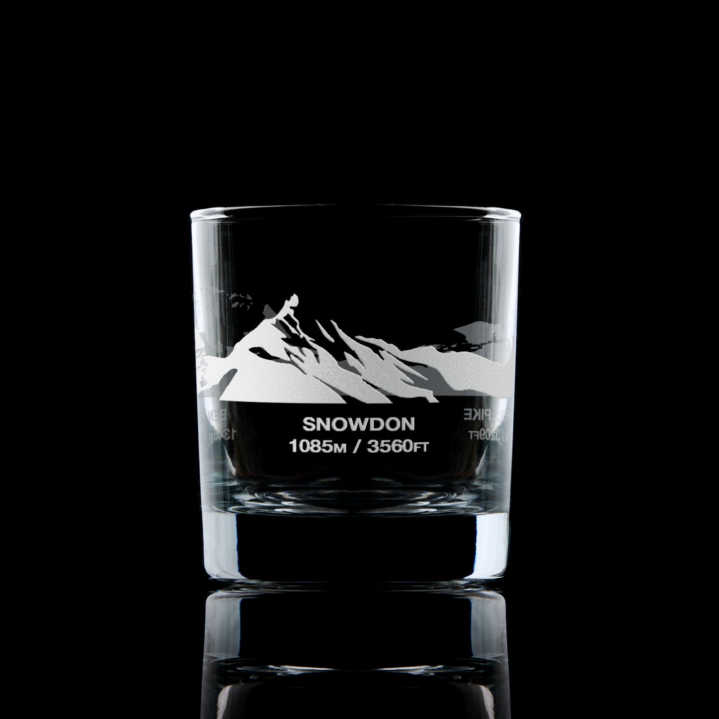 etched whisky glass engraved with three mountain peaks, snowdon, ben nevis and scafell pike