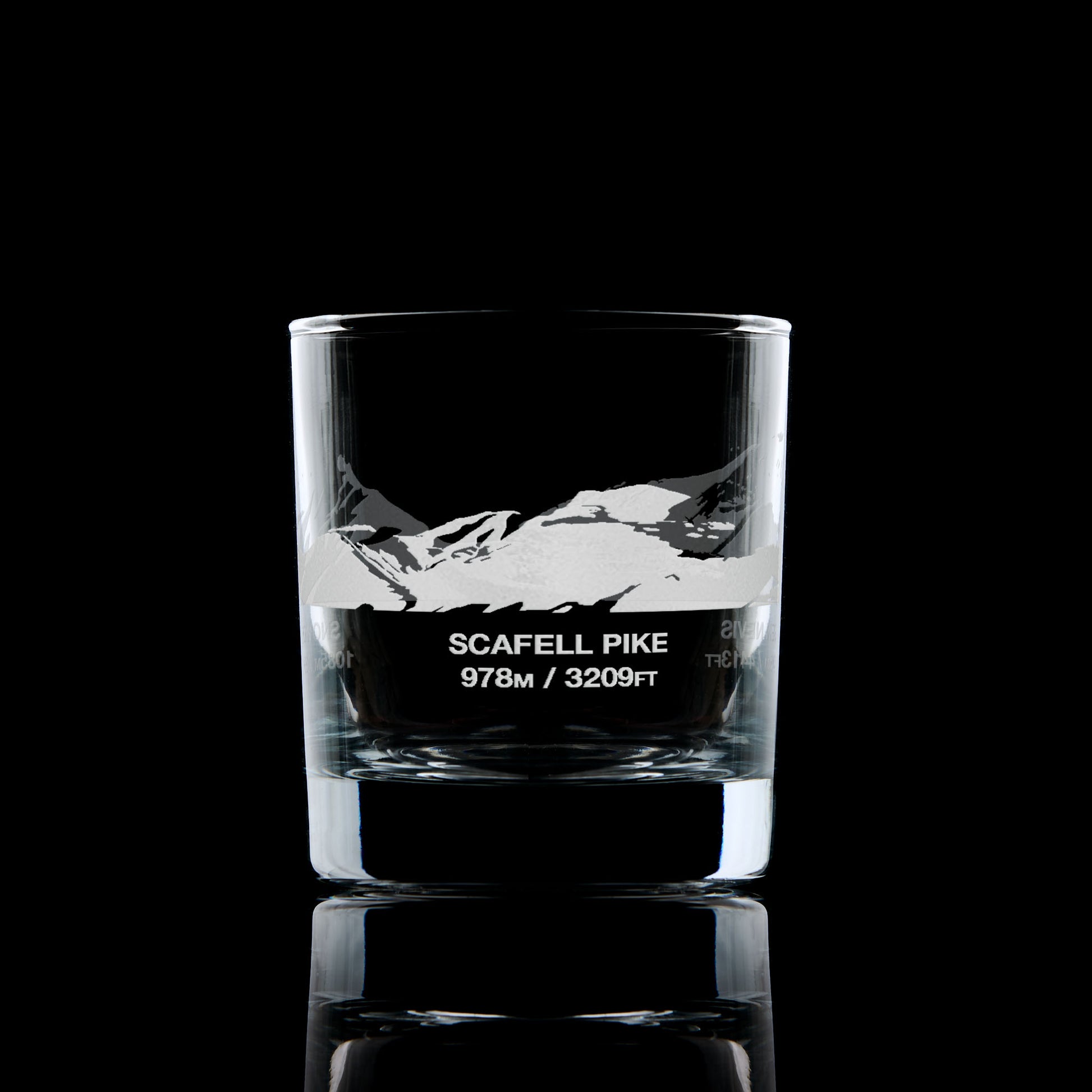 etched whisky glass engraved with three mountain peaks, snowdon, ben nevis and scafell pike