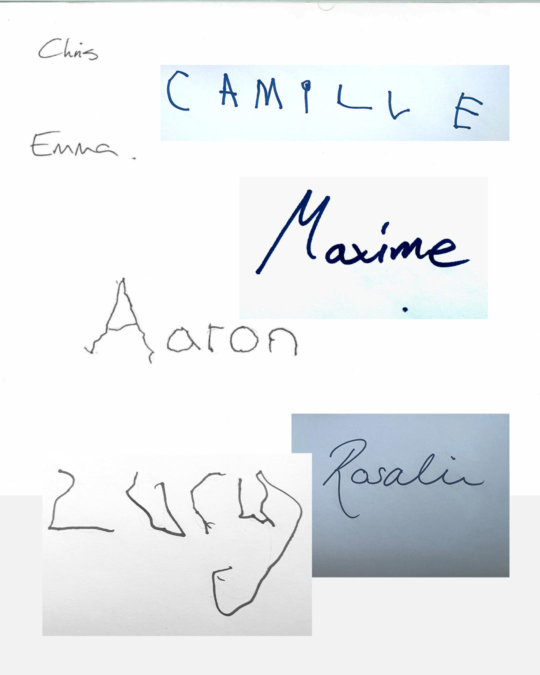 Names written in various styles on a white background