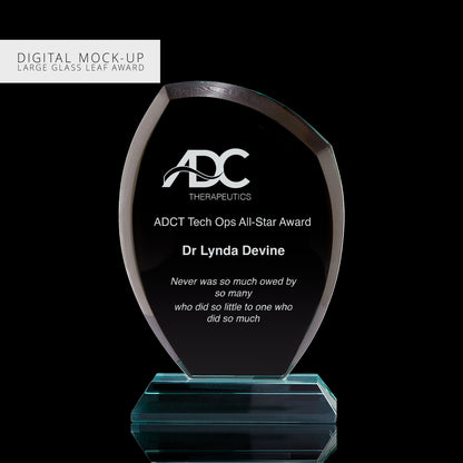Custom engraved glass leaf award for ADCT Tech Ops All-Star Recognition