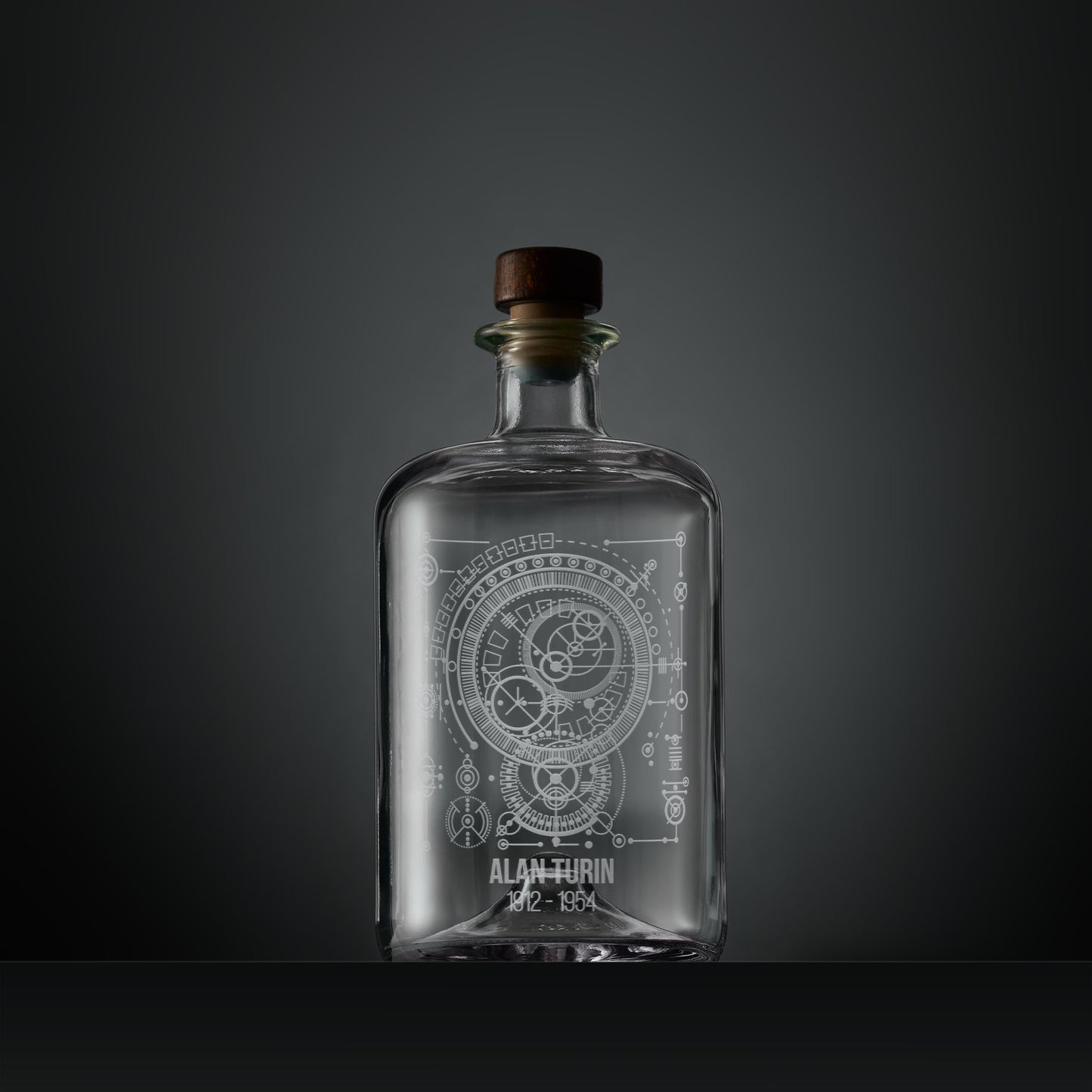 Engraved apothecary-style decanter with Alan Turing inspired mathematical design