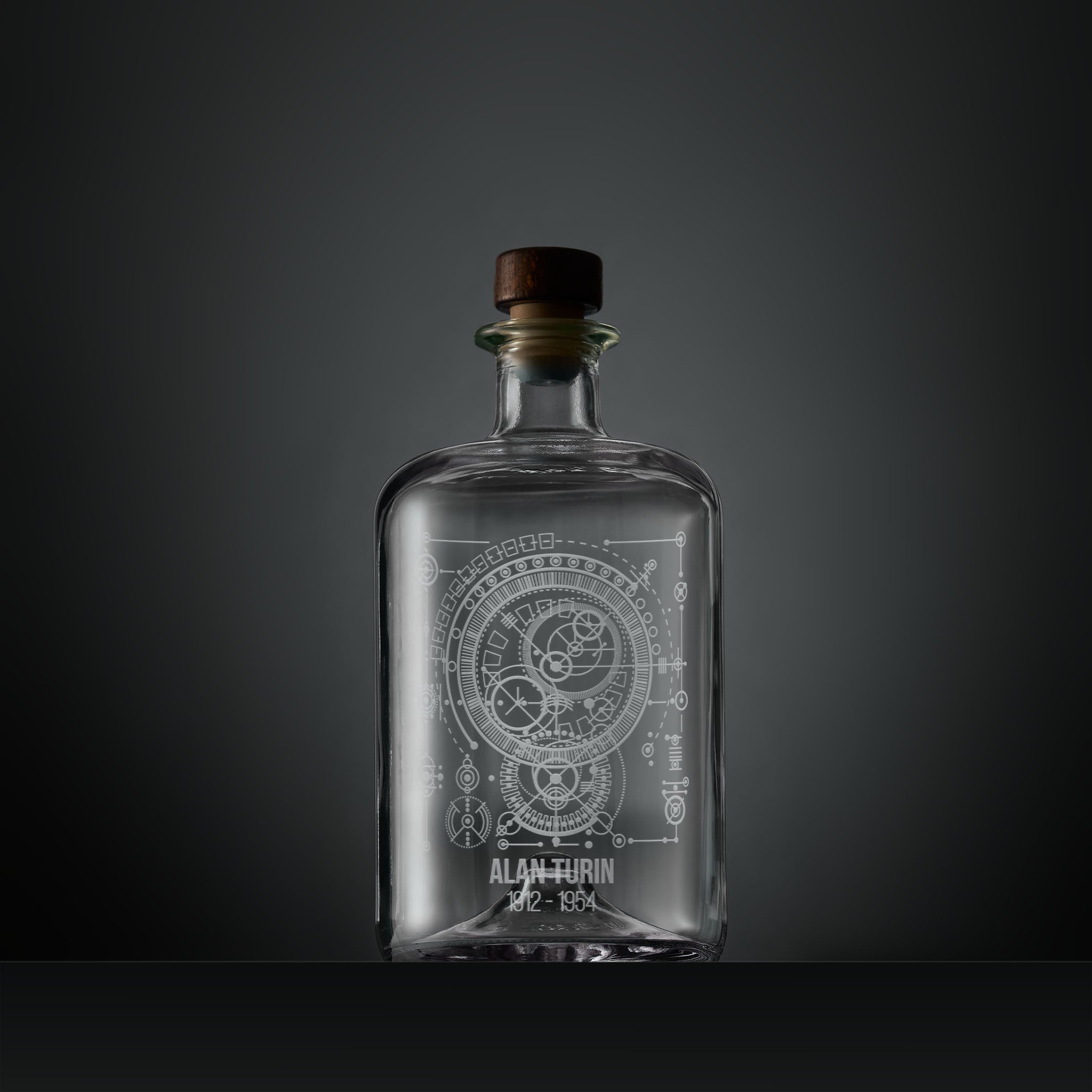 Engraved apothecary-style decanter with Alan Turing inspired mathematical design
