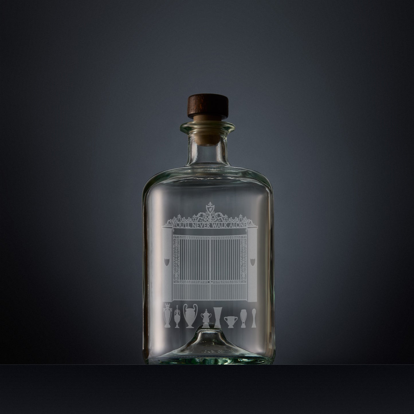 Engraved apothecary-style decanter with Liverpool's Shankly Gates and trophies illustration