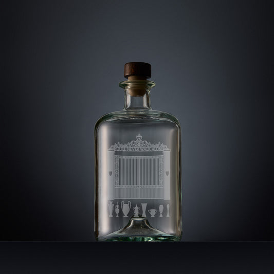 Engraved apothecary-style decanter with Liverpool's Shankly Gates and trophies illustration