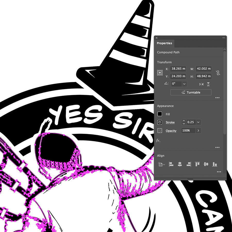Illustration of a Scottish man with a traffic cone, with text, surrounded by design tools and properties panel.