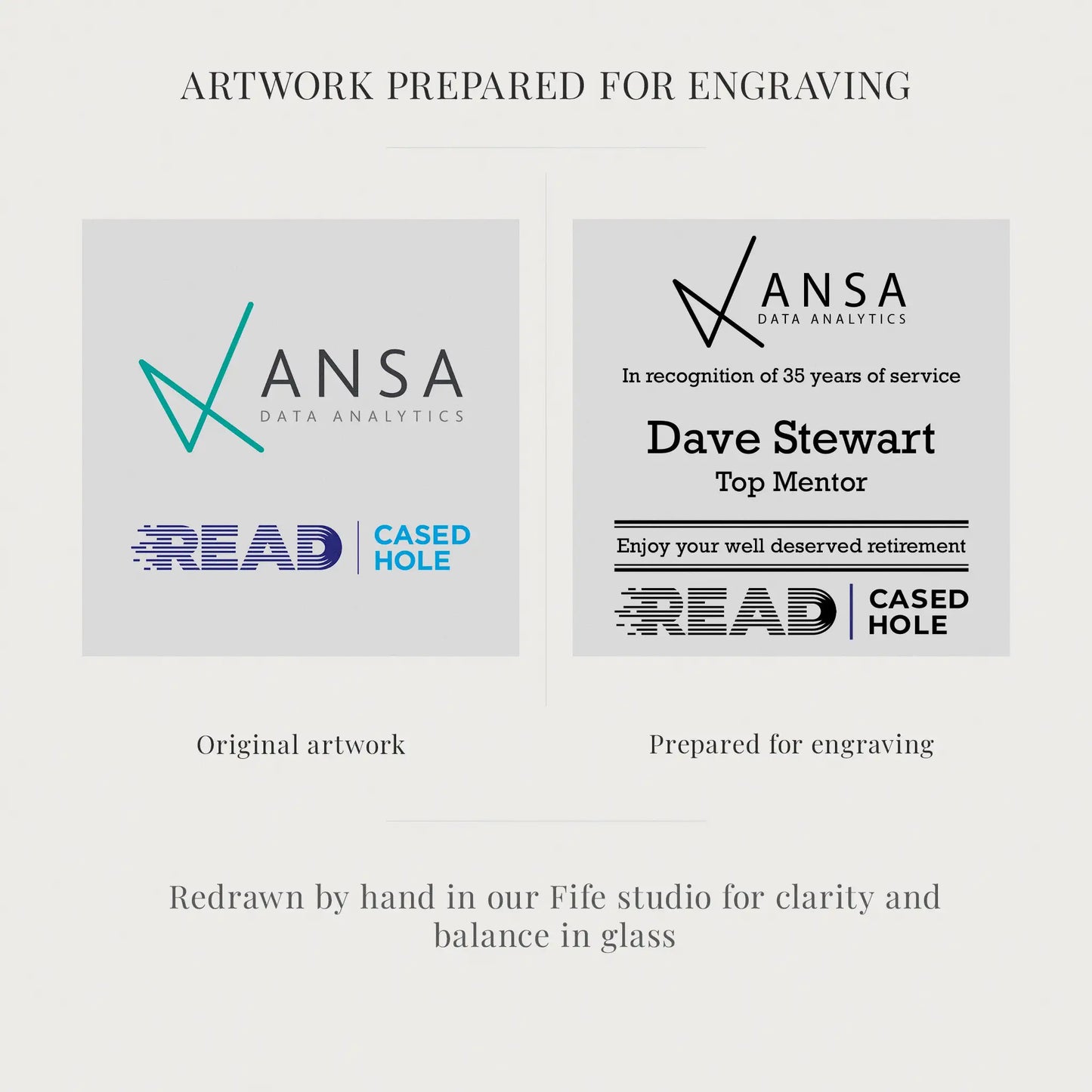 Two ANSA Data Analytics logos and a personalized retirement message for Dave Stewart on a gray background.