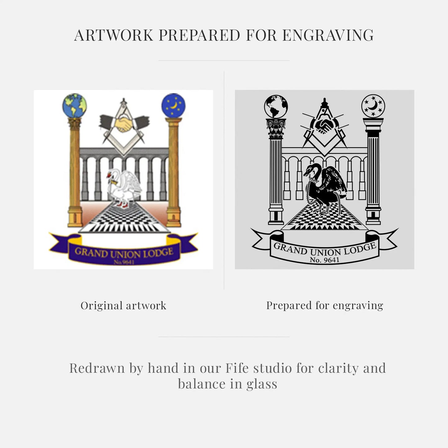 Original artwork and prepared engraving for Grand Union Lodge on a white background