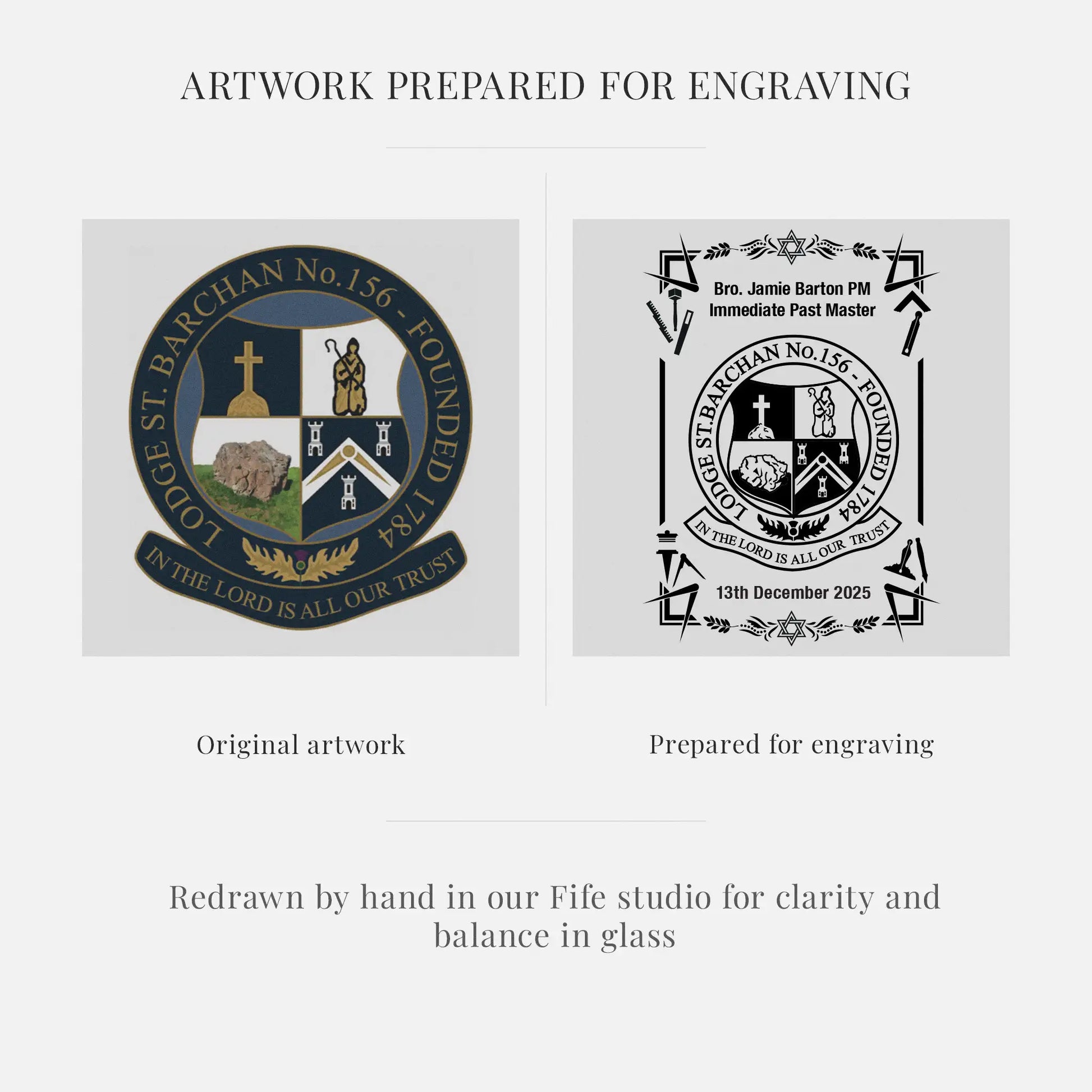 Original artwork and prepared engraving design for a crest, with text indicating hand-redrawn by Fife studio.