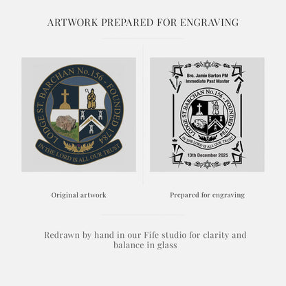 Original artwork and prepared engraving design for a crest, with text indicating hand-redrawn by Fife studio.