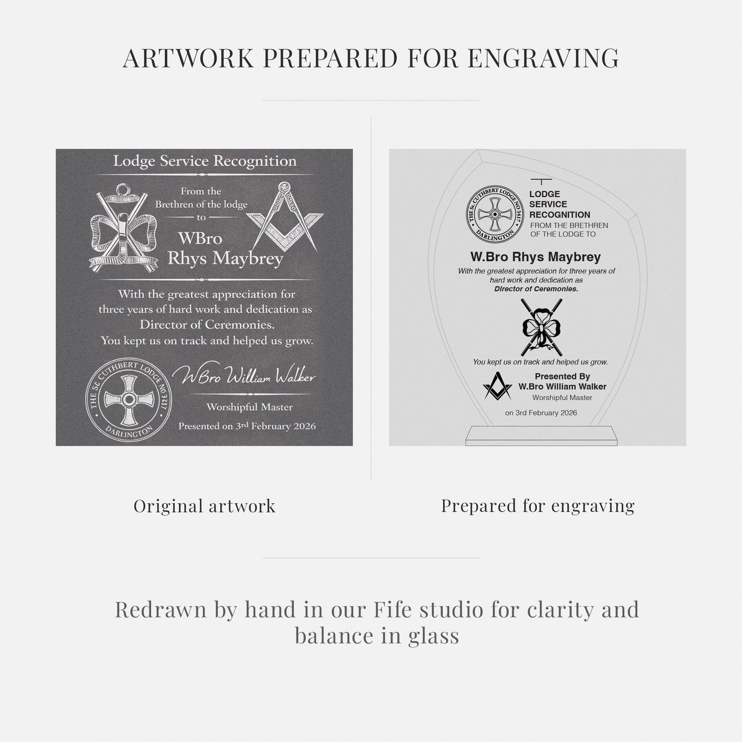 Original artwork and prepared artwork for masonic engraving on a white background