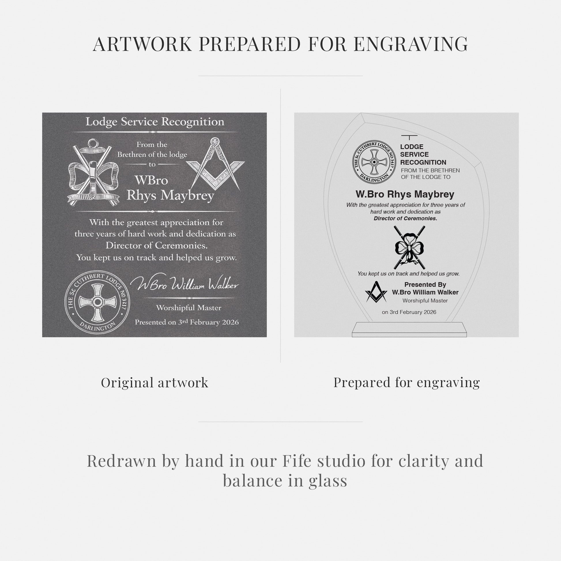 Original artwork and prepared artwork for masonic engraving on a white background