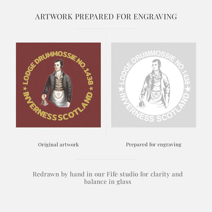 Original artwork and prepared engraving of a lodge emblem with text 'Lodge Drumossie No. 1438, Inverness Scotland'.