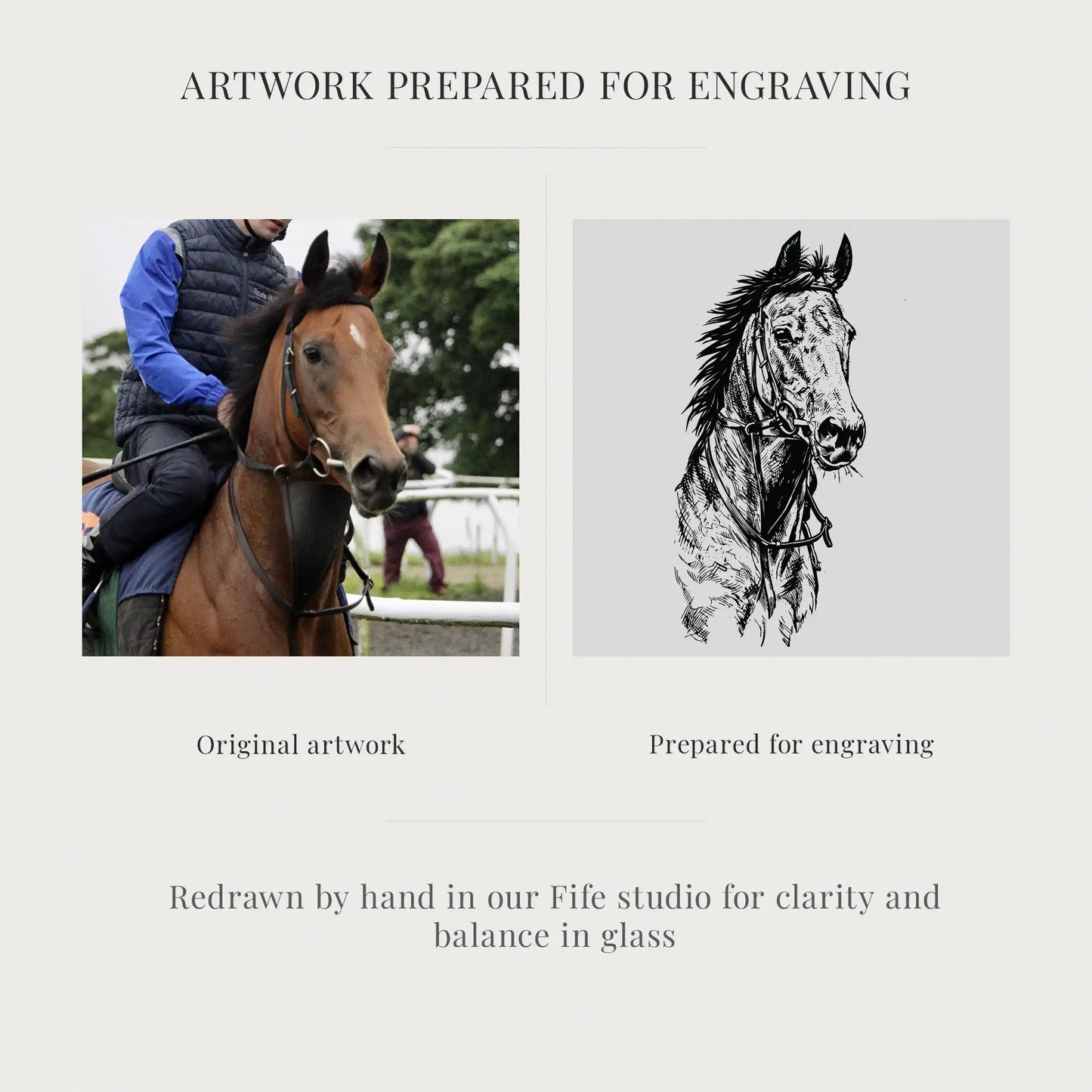 Original artwork of a horse with a rider and a prepared engraving version on a white background.