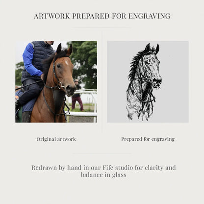 Original artwork of a horse with a rider and a prepared engraving version on a white background.