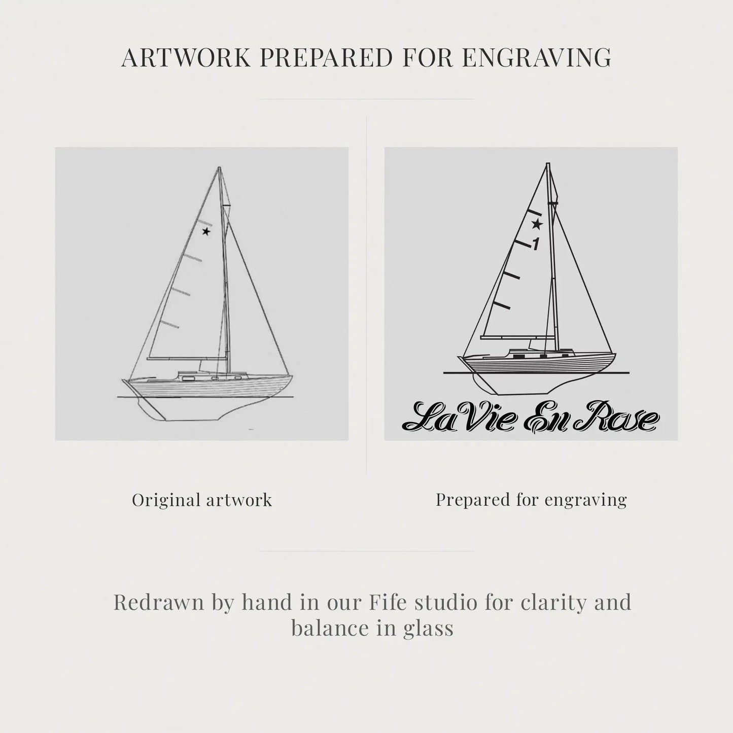 Two sailboat illustrations, one original and one prepared for engraving with 'La Vie En Rose' text.