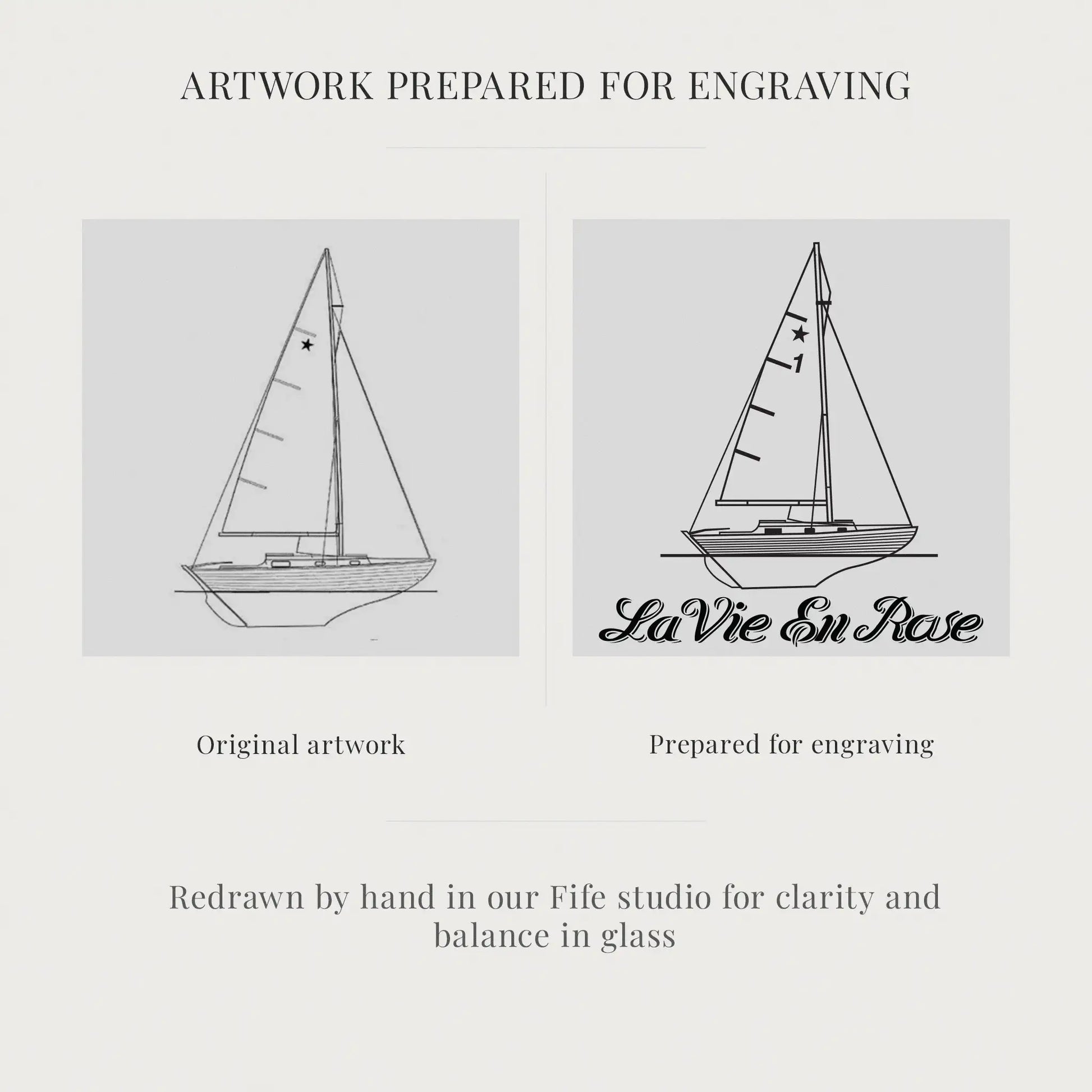 Two sailboat illustrations, one original and one prepared for engraving with 'La Vie En Rose' text.