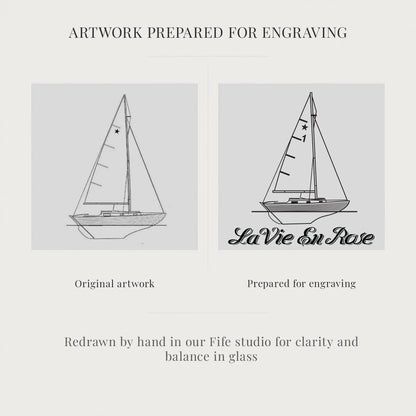 Two sailboat illustrations, one original and one prepared for engraving with 'La Vie En Rose' text.