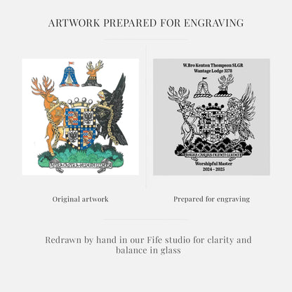 Original artwork and prepared engraving of a coat of arms with detailed animals and text.