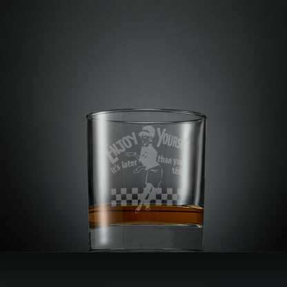Engraved whisky glass with beat girl and Ska checks design