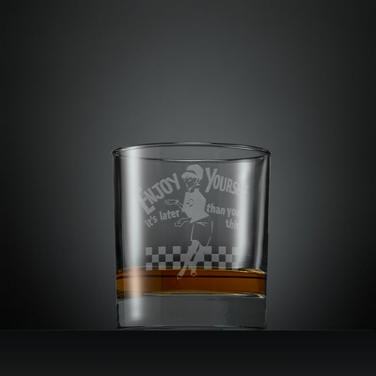 Engraved whisky glass with beat girl and Ska checks design