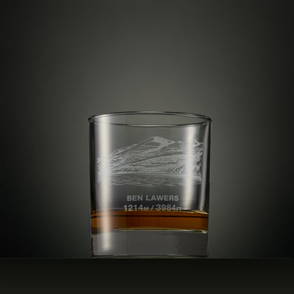 Engraved whisky glass with Ben Lawers mountain line illustration and elevation detail