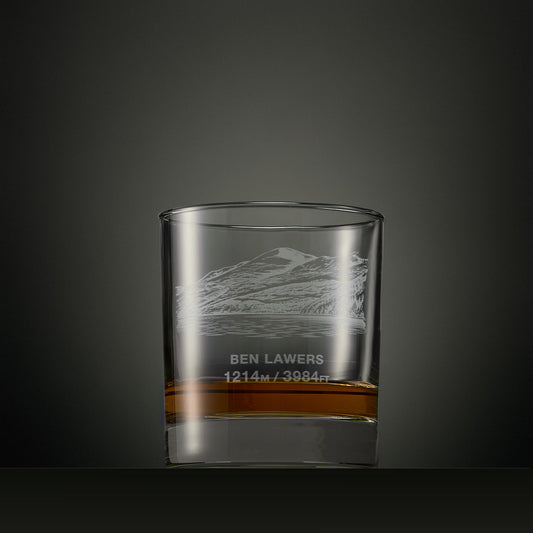 Engraved whisky glass with Ben Lawers mountain line illustration and elevation detail