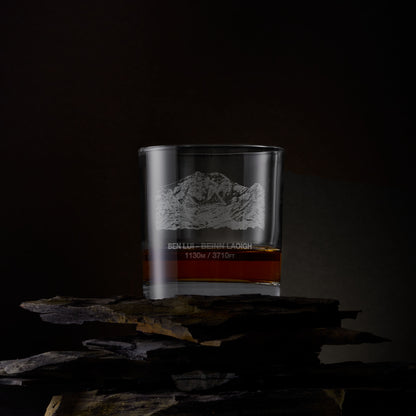 Engraved whisky glass with Ben Lui illustration , mountain name and summit height in metres