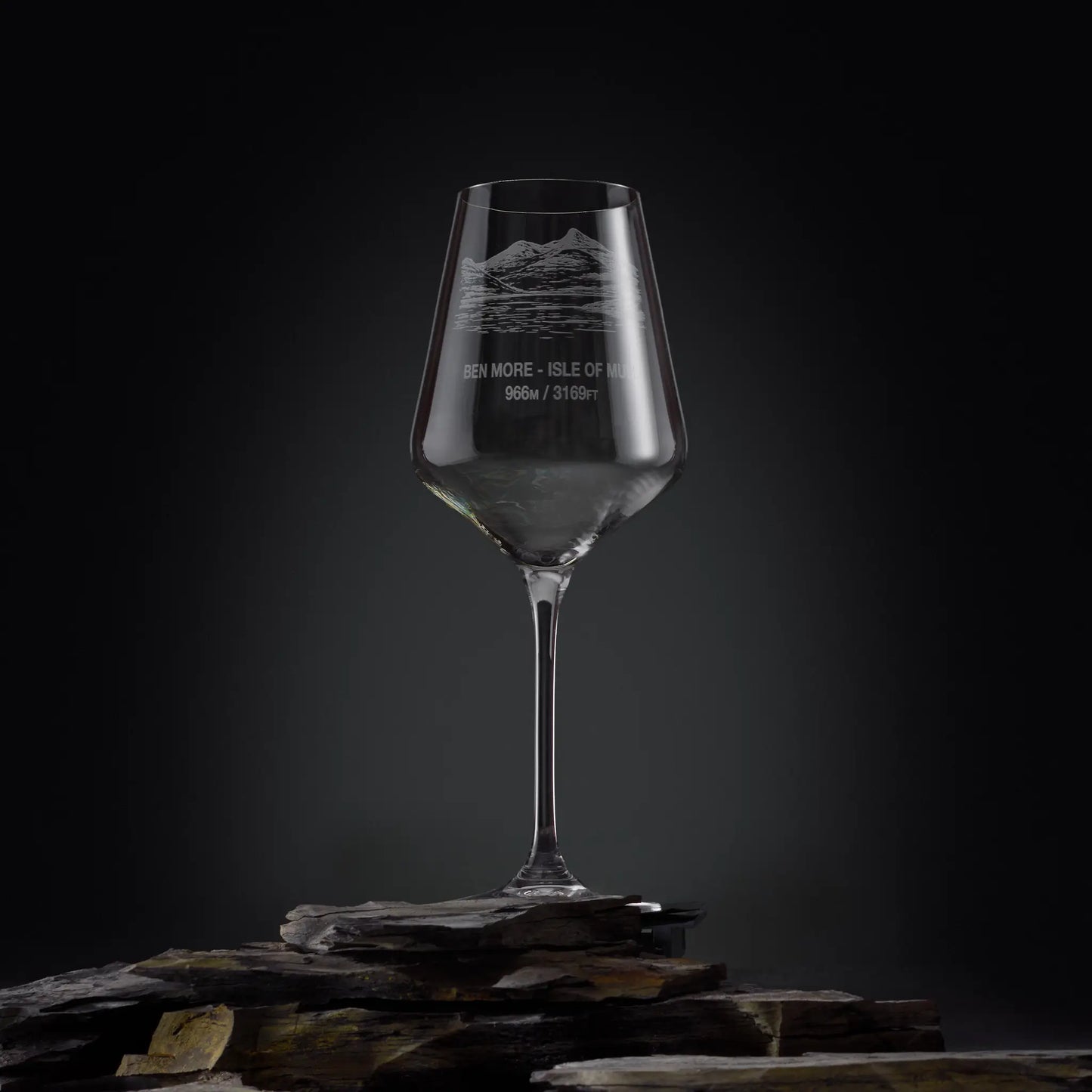 Stemmed wine glass engraved with the Munro Ben More on the Isle of Mull