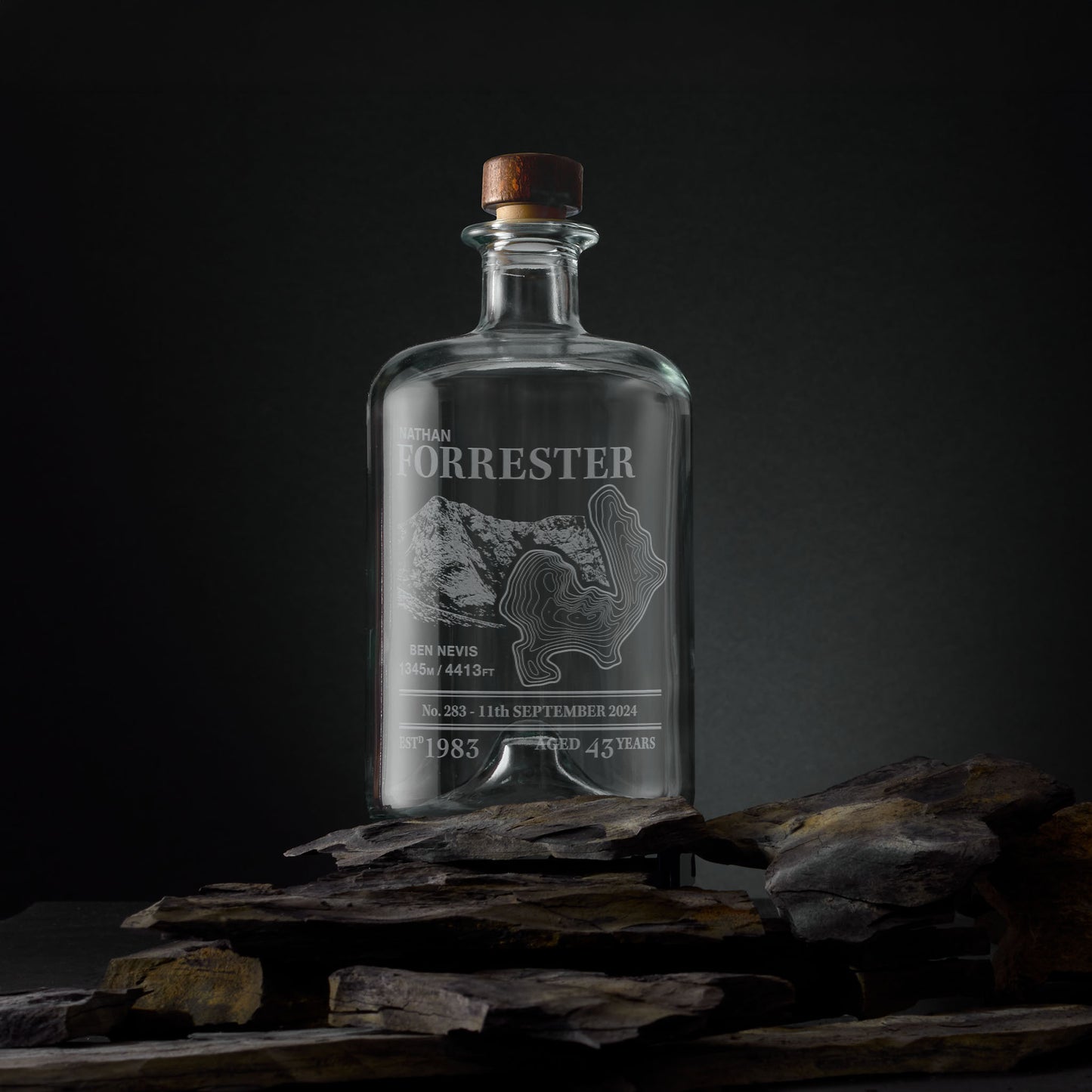 Engraved apothecary-style decanter with Ben Nevis illustration and topographic map