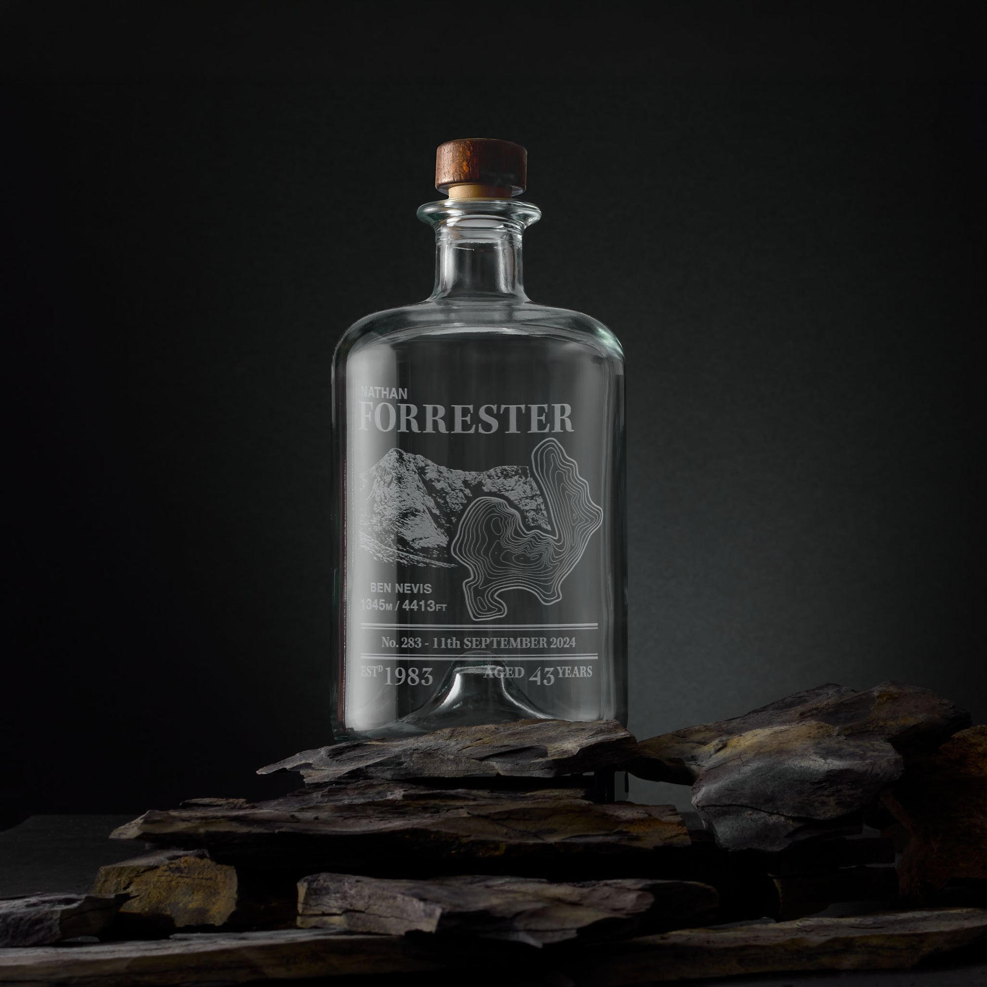 Engraved apothecary-style decanter with Ben Nevis illustration and topographic map