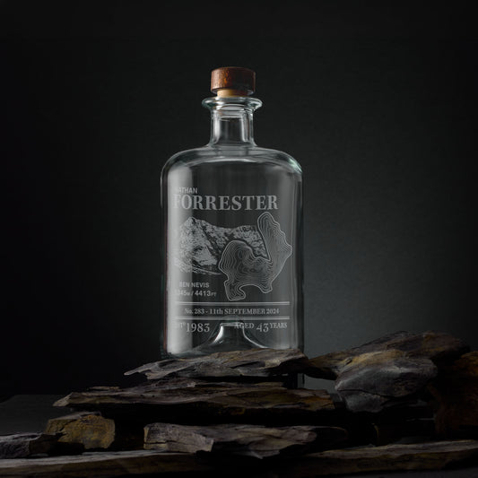 Engraved apothecary-style decanter with Ben Nevis illustration and topographic map