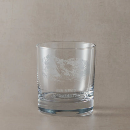Munro whisky glass engraved with the North East face of Ben Nevis and its height in feet and metres