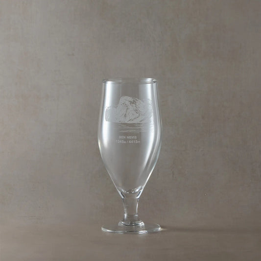 Stemmed beer glass engraved with Ben Nevis and its height in metres and feet