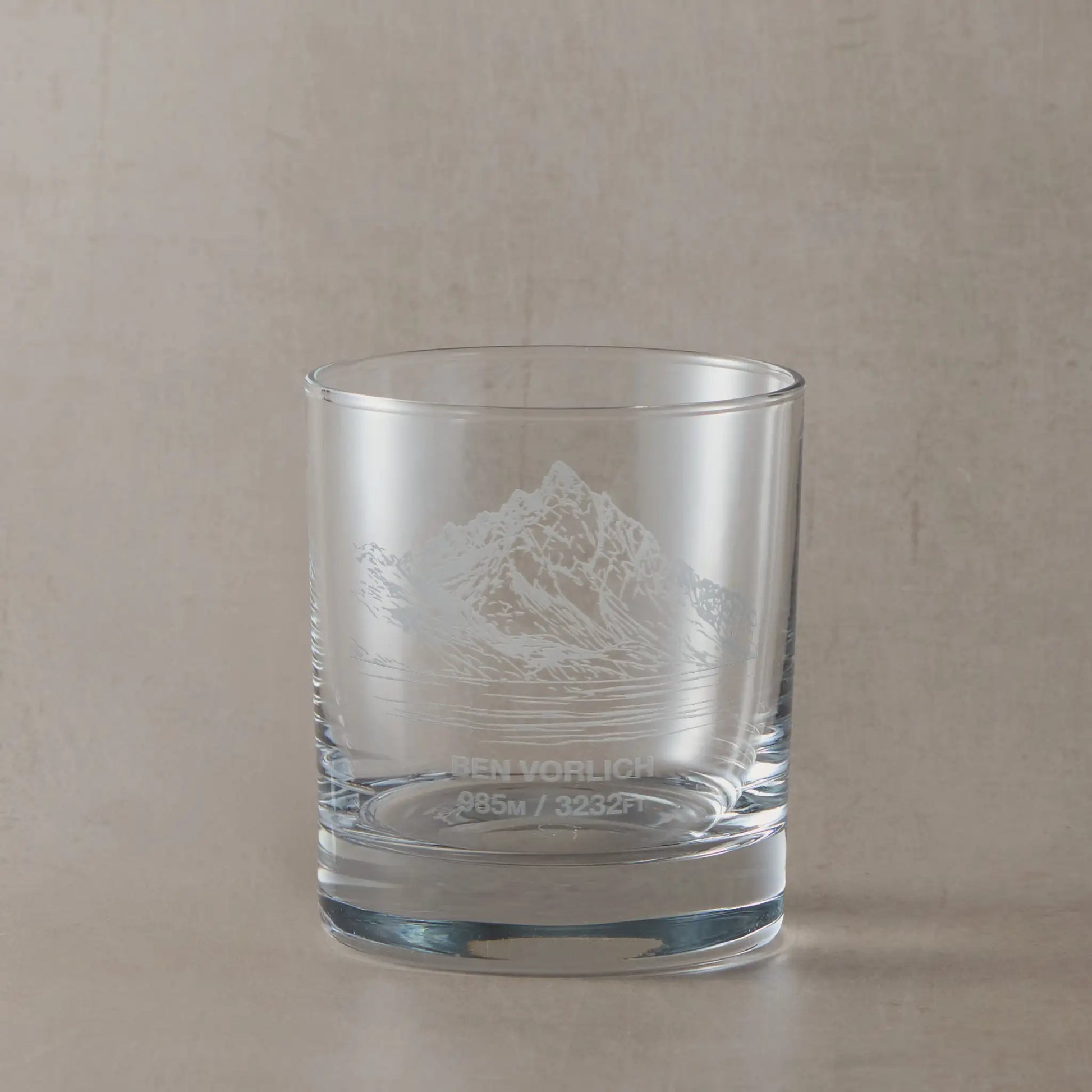 Engraved whisky glass with detailed image of Ben Vorlich (Loch Earn) and summit height in metres and feet