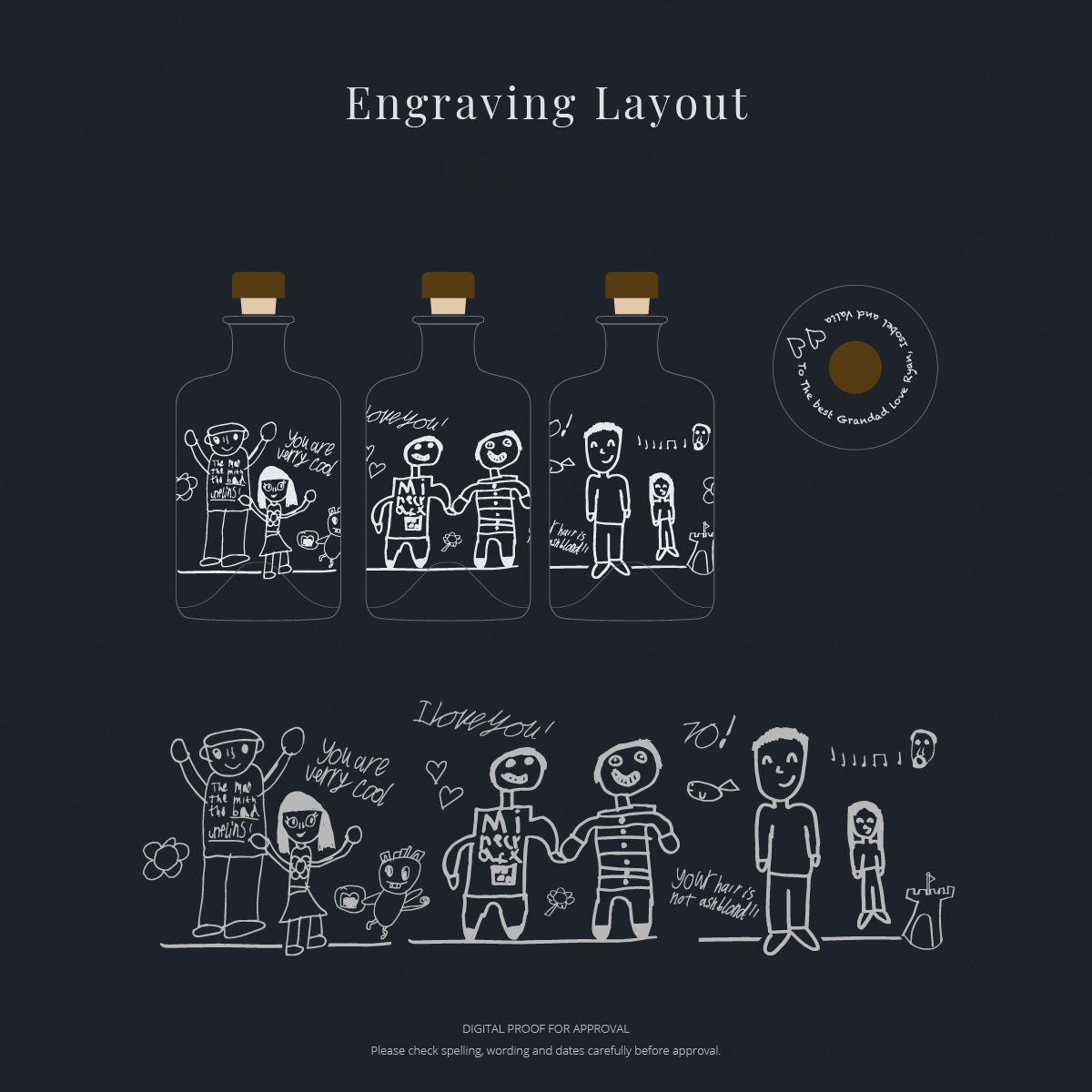 Engraving layout for decanter with children's illustrations and text