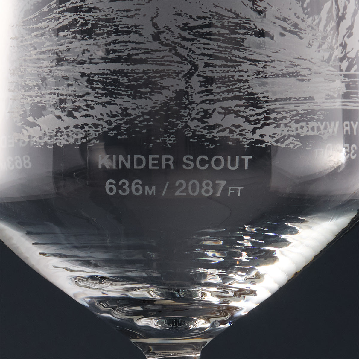 Close-up detail of an engraved gin glass with an illustration of Kinder Scout, showing name and summit height