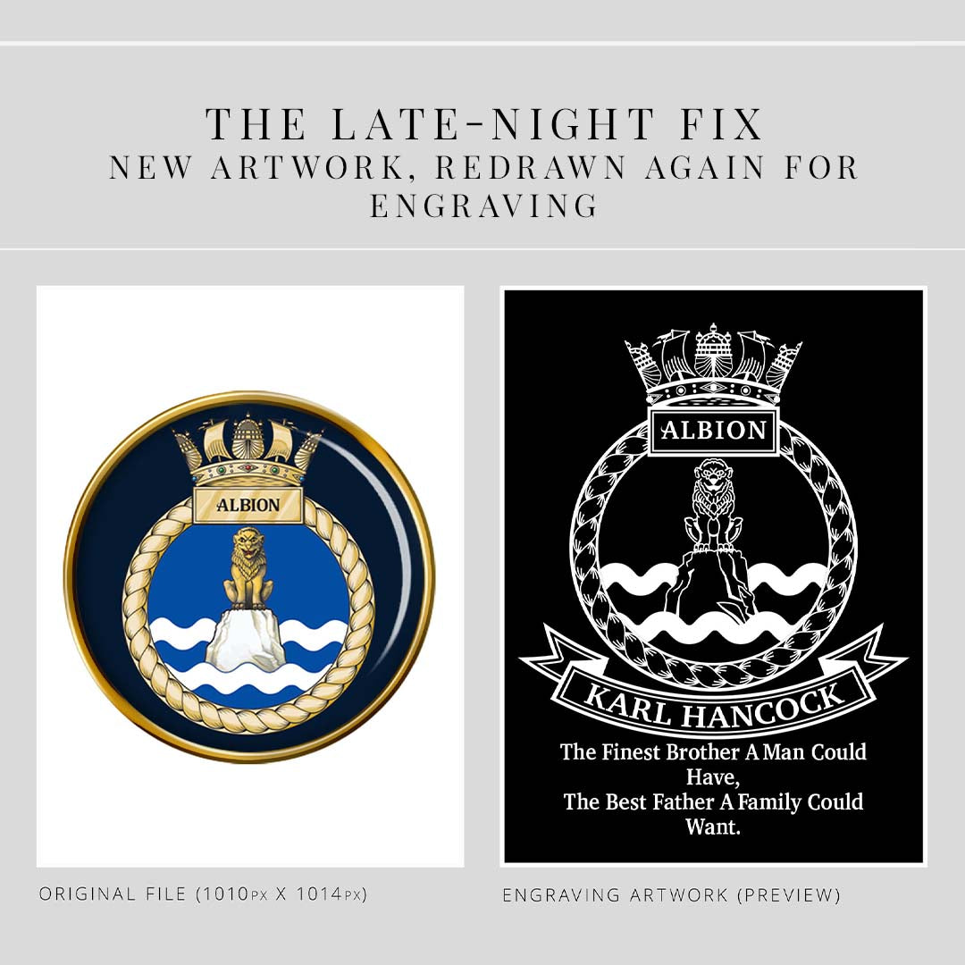 Two artwork designs for engraving on a gray background